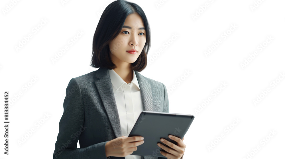 Young Asian business woman entrepreneur standing in office holding digital tablet. transparent, isolated on white. PNG. Young Asian business woman entrepreneur standing in office holding digital tablet. transparent, isolated on white. PNG.