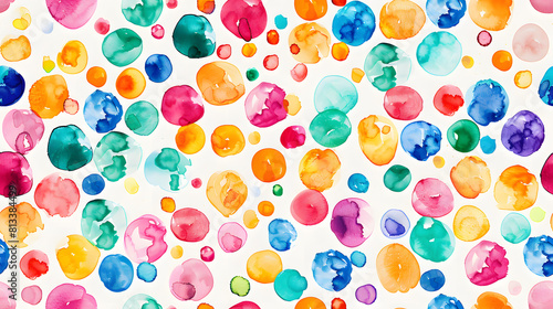 A seamless pattern featuring vibrant and multicolored watercolor dots on a white background. Ideal for textile designs  wallpapers  and cheerful decorative projects.