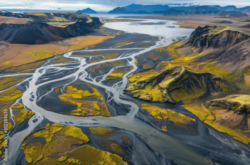 waters in Iceland, showcasing the contrast between dark black basalt and light yellow soil on one side with greenishblue braided rivers leading to white lakes on another