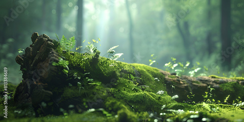 Soft moss covers an ancient log in a mystical sunlight filtered forest 