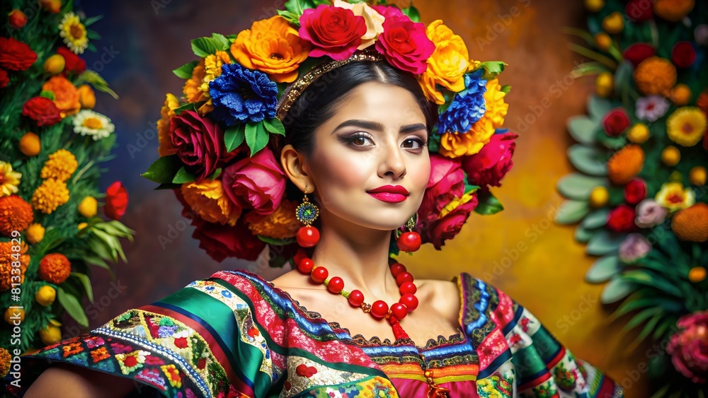 Vibrant Mexican Dress and Floral Adornments Create a Stunning Look Perfect for Cultural Events. Vibrant Mexican Dress and Floral Adornments Create a Stunning Look Perfect for Cultural Events.