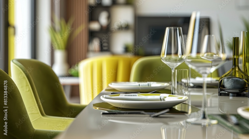 Modern Dining Setup with Olive Green Chairs and Clean White Table Setting Modern Dining Setup with Olive Green Chairs and Clean White Table Setting