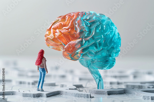 Tiny figure of woman facing large brain model, symbolizing cognitive challenge. Cognition. A woman stands facing a large, colorful brain, representing learning, understanding, and mental growth photo