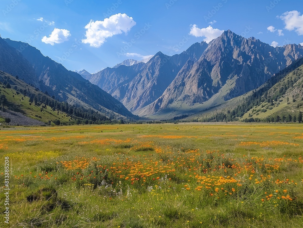 Fototapeta premium Mountain Meadow Bliss: A scenic alpine landscape adorned with flowers, nestled in the majestic mountains under a clear sky, showcasing nature's beauty