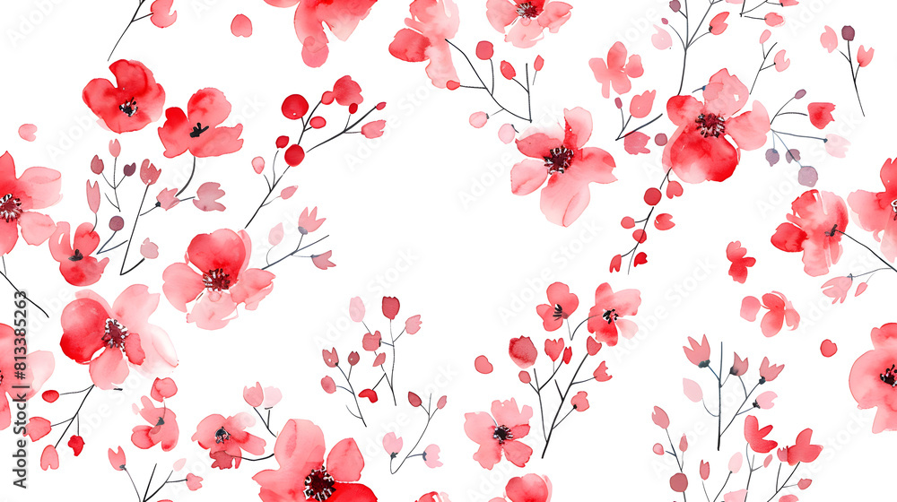 Seamless pattern featuring elegant red and pink watercolor flowers with grey leaves on a white background. Ideal for textiles, wallpapers, and sophisticated design projects. Seamless pattern featuring elegant red and pink watercolor flowers with grey leaves on a white background. Ideal for textiles, wallpapers, and sophisticated design projects.