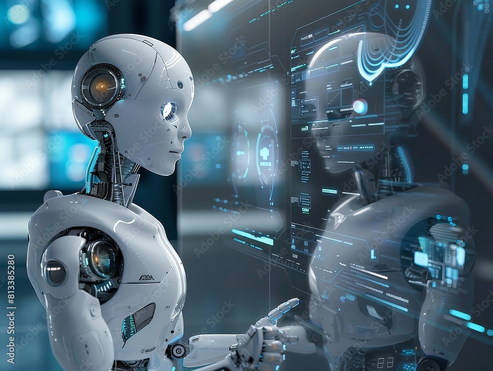 Naklejka premium A cyborg with a robotic arm blends human and machine in a futuristic design