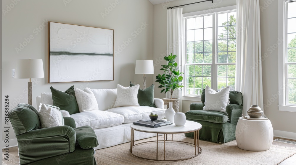 Fototapeta premium Fresh and Vibrant Living Room with Coral Accents, Modern Stylish Design and Comfortable Seating