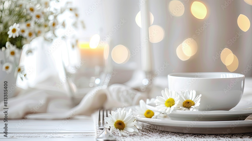 Beautiful table setting with flowers and candle on white wooden background with space for text 