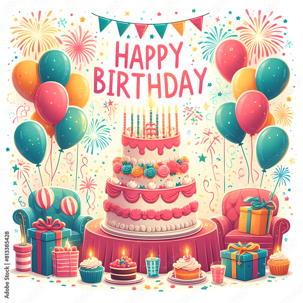 Happy birthday card with balloons and cake Happy birthday card with balloons and cake