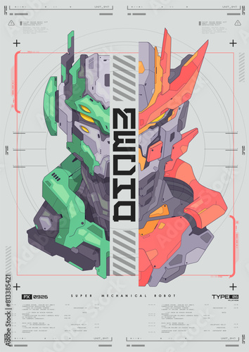 Modern flyer for web and print. hacking, Cyberpunk futuristic poster. Futuristic mecha robot face. Tech Abstract poster template with HUD elements.