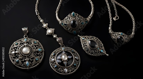 Collection of antique traditional silver jewelry on black.generative.ai