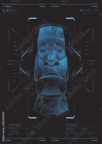 An ancient statue in a futuristic style, with HUD elements. cyber culture, Modern flyer for web and print. hacking, Cyberpunk futuristic poster.