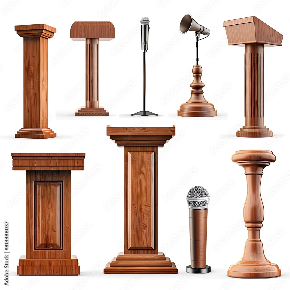 brown wood speech stand and microphone - Podium set - lectern collection - various shapes and angles isolated on white background  