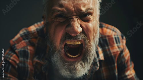 Close-up of an older man with a beard, yelling furiously while wearing a plaid shirt. Perfect for themes related to anger, emotion, and intensity. photo