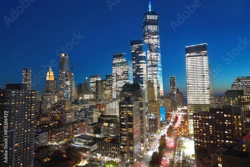 New York City Manhattan at sunrise. New York at Night. NYC Night aerial view of New York. New York skyline with WTC. Famous landmarks, Skyscrapers skyline. Night traffic in big city.