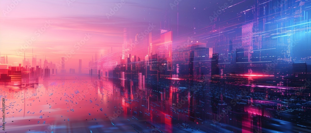 A city skyline with a pink and purple sky in the background