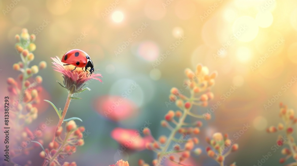 A close-up of a ladybug sitting on top of a pink flower against a blurry, sparkly background creating a magical bokeh effect A close-up of a ladybug sitting on top of a pink flower against a blurry, sparkly background creating a magical bokeh effect