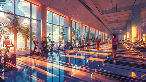 Sleek Modern Fitness Facility with Panoramic Views and Diverse Exercisers photo