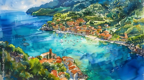 Tranquil Coastal Town Nestled in Lush Greenery and Azure Waters,Painting in Watercolor Style