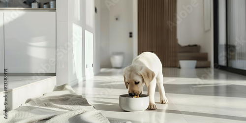 dog puppy eating food from a bowl on the light white surface floor