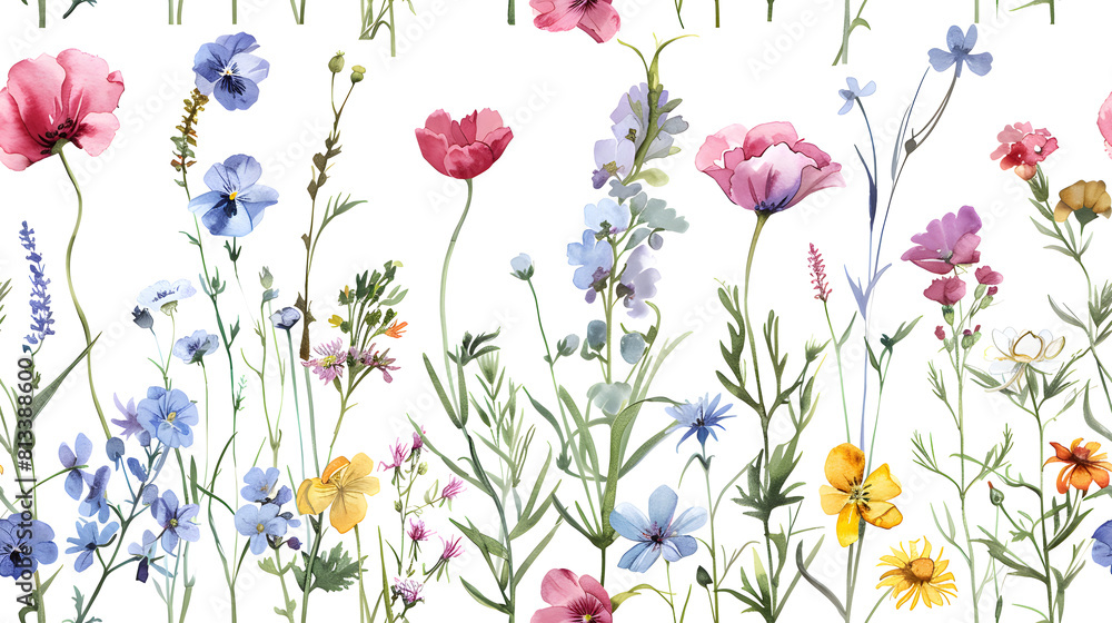 Vibrant seamless pattern featuring a variety of watercolor wildflowers on a white background, perfect for textiles and wallpapers. Vibrant seamless pattern featuring a variety of watercolor wildflowers on a white background, perfect for textiles and wallpapers.