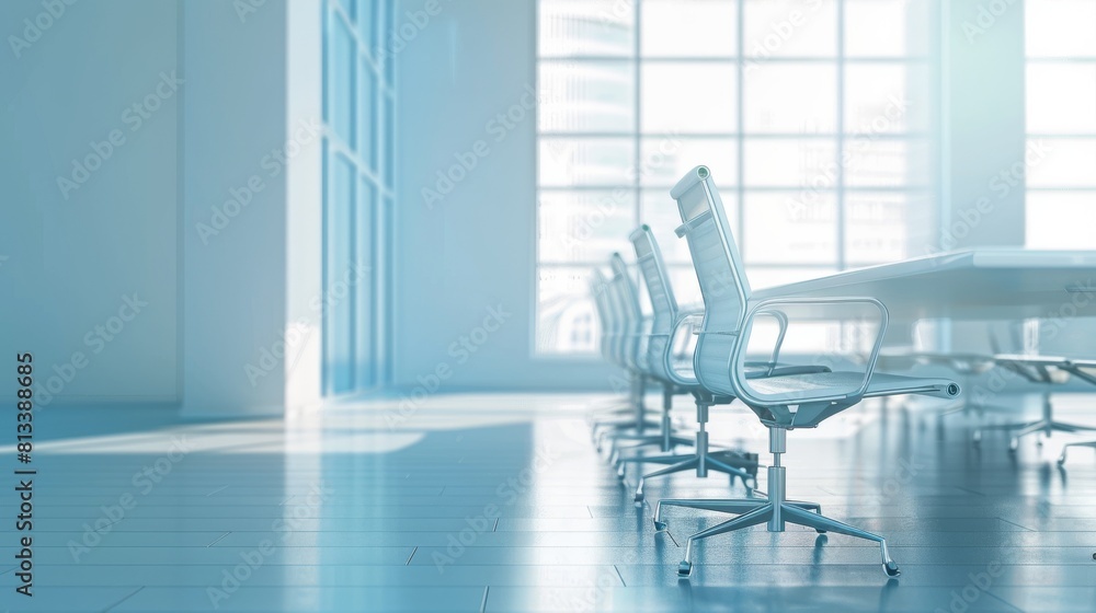A sleek modern office space with natural sunlight streaming through large windows, highlighting the row of empty chairs and clean environment A sleek modern office space with natural sunlight streaming through large windows, highlighting the row of empty chairs and clean environment