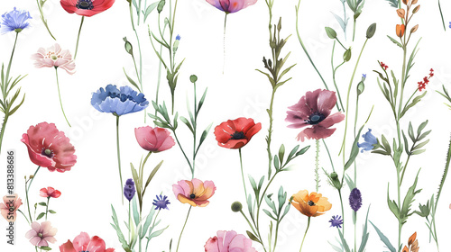 Vibrant seamless pattern featuring a variety of colorful watercolor wildflowers on a white background  ideal for textiles and wallpapers.