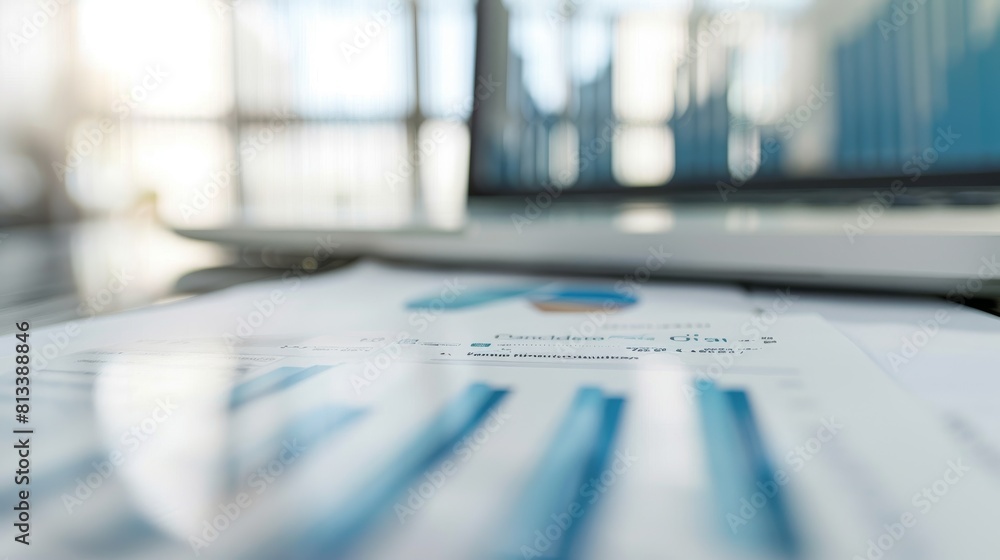 A focused image showcasing a close-up of a business report with charts on a desk, background is blurred with office setting A focused image showcasing a close-up of a business report with charts on a desk, background is blurred with office setting
