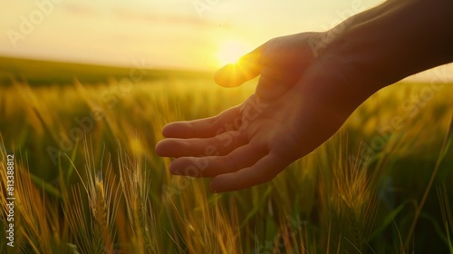 Male hand touching a young wheat in the wheat field while sunset. generative ai