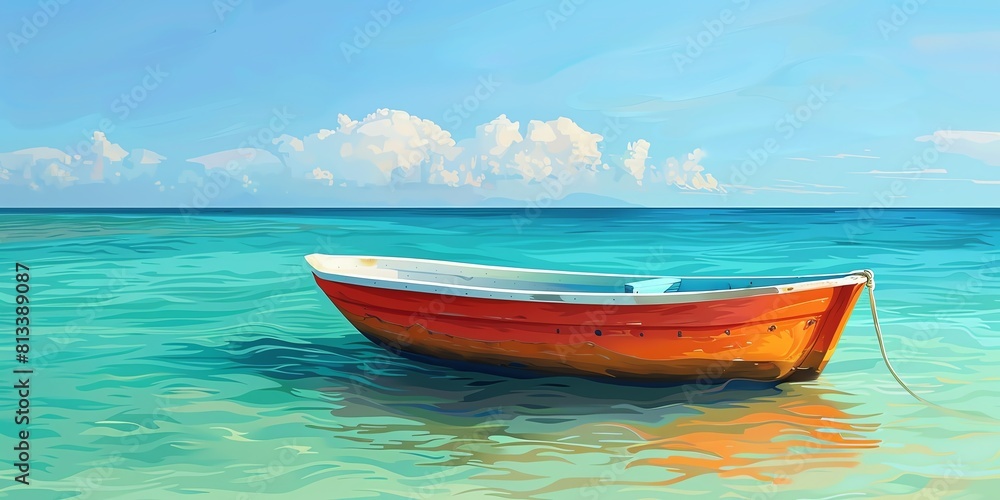 Naklejka premium Brightly painted skiff bobbing on clear turquoise Caribbean waters