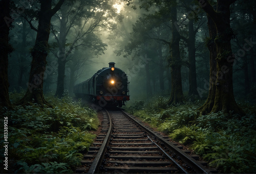 Old locomotive train passing through misty mystical forest