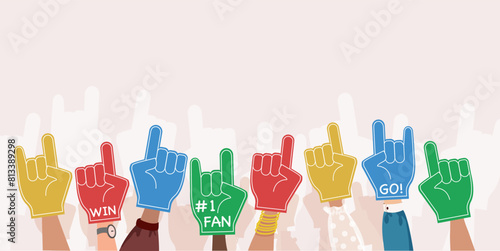 Fan foam fingers border background. Hands up with foam gloves. stadium supporter pride accessory, football victory symbol. Sport team cheering, first place in competition