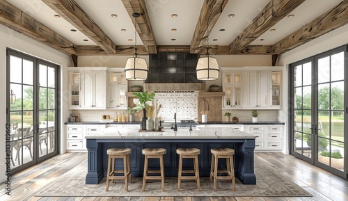 Industrial Chic Kitchen and dining room Space with White and Navy Blue Cabinetry and Distressed Wood Accents. tawassul photo