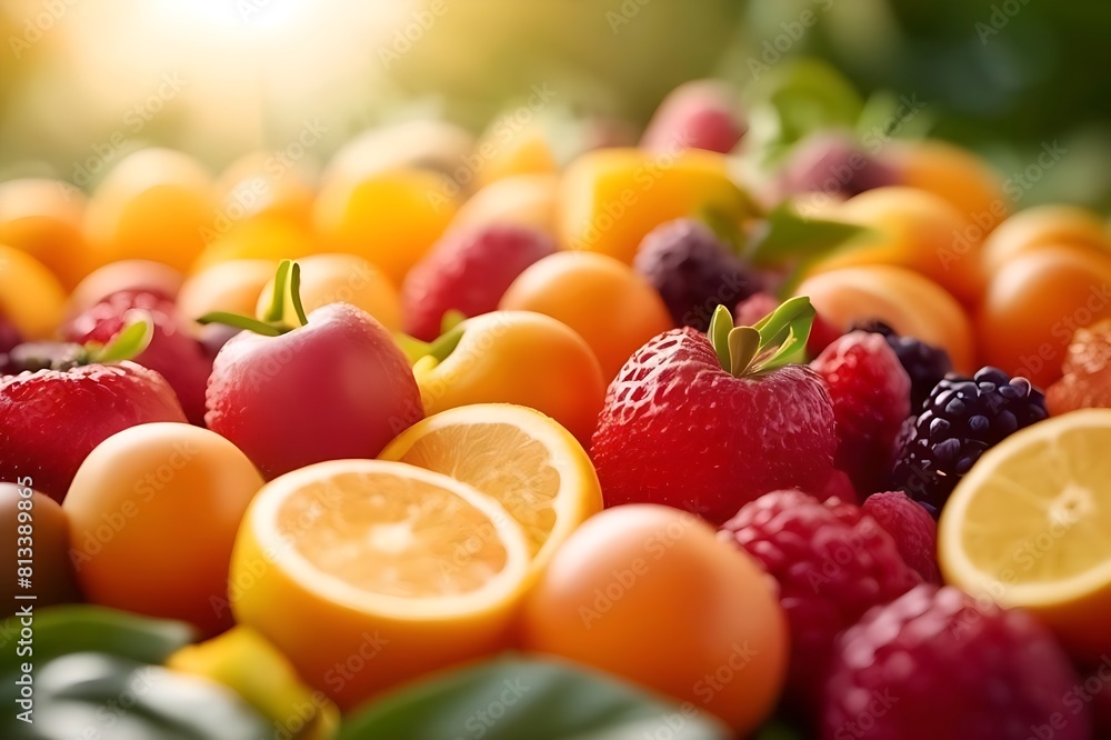 A pile of fruit including strawberries strawberries and oranges A pile of fruit including strawberries strawberries and oranges
