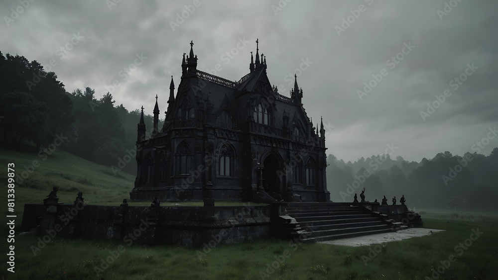 The Gothic dark castle in the wilderness exudes a solemn atmosphere