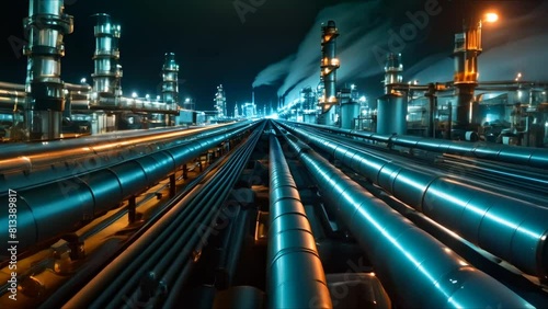 Transporting oil and gas from refinery to petrochemical plant for energy. Concept Oil and Gas Transportation, Refinery Operations, Petrochemical Industry, Energy Logistics, Fuel Distribution photo