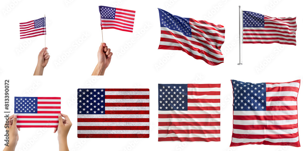Set of America nation flag png mockup in 3d without backoground for decoration.