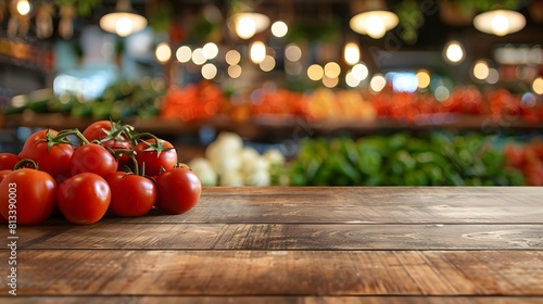 Organic market store scene with empty wooden pedestal against blurred backdrop of assorted vegetables and fruits, highlighting healthy and vegetarian product offerings