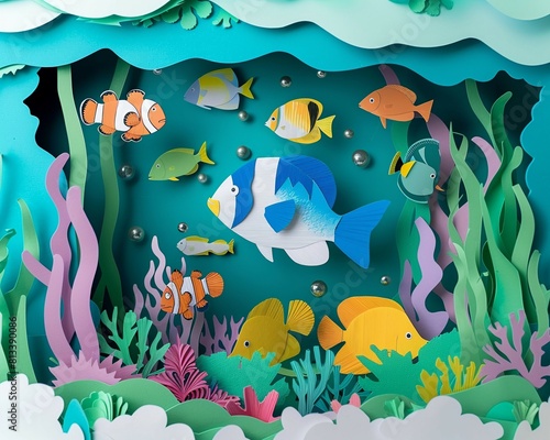 An underwater paradise bursts with life aquatic creatures as colorful marine fish swim among intricate coral formations  3D papercut layers style.