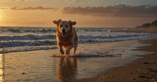 Detailed Captivating scene of a golden retriever running towards the camera on a sunset beach © Hashim
