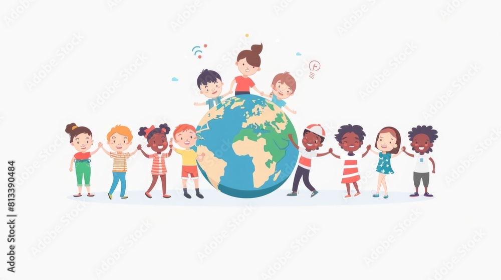 children's day background with cartoon children play together with earth copy space children's day background with cartoon children play together with earth copy space