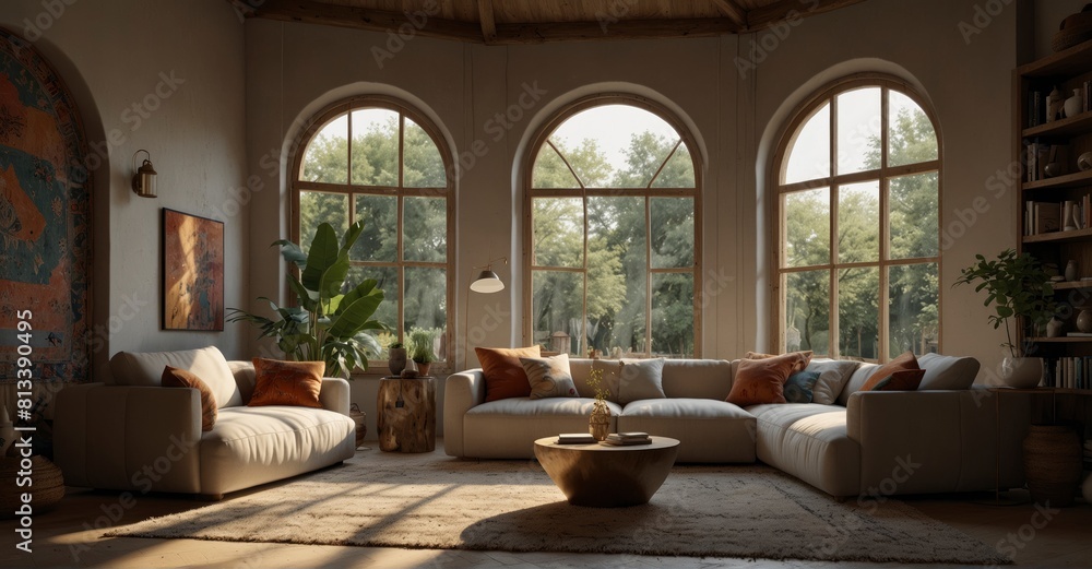 Discover the perfect blend of modern and ethnic design in this living room, where a corner sofa with plush pillows cozies up against an arched window, creating a boho-inspired oasis Discover the perfect blend of modern and ethnic design in this living room, where a corner sofa with plush pillows cozies up against an arched window, creating a boho-inspired oasis