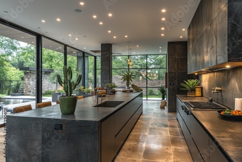 An open minimalist kitchen combined with dining showcasing the integrated refrigerator and built-in oven with dark marble accents. Soft lighting from large windows. tawassul photo