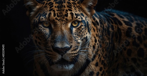 Detailed shot Panther portrayed in predator series digital art  front-facing on dark background
