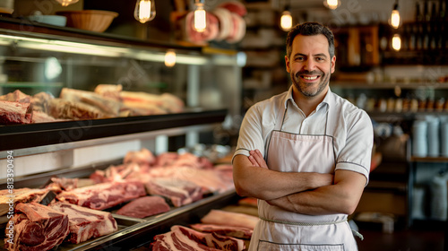 Friendly butcher stands confidently at meat counter, arms crossed, flashing warm smile. Dressed in pristine white apron, exuding professionalism. Display case showcases succulent raw steaks