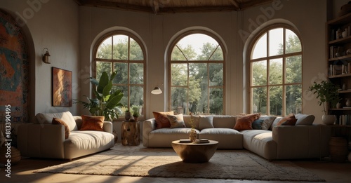 Discover the perfect blend of modern and ethnic design in this living room, where a corner sofa with plush pillows cozies up against an arched window, creating a boho-inspired oasis