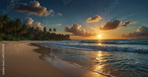 Experience the allure of summer with this panoramic beach scene, showcasing foam waves, palm trees, and a sunset sky with dark blue clouds, capturing the essence of tropical paradise