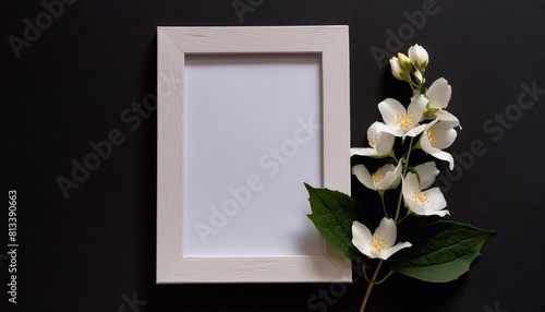Blank white frame with jasmine flowers on dark background