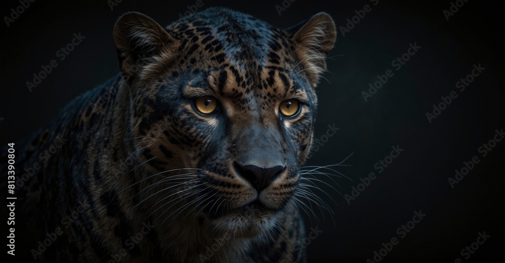 High-detail Front view of panther against dark background in predator series digital art. High-detail Front view of panther against dark background in predator series digital art.