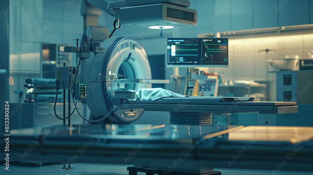 Cancer treatment equipment in operation theater, side angle view. Cancer treatment equipment in operation theater, side angle view.